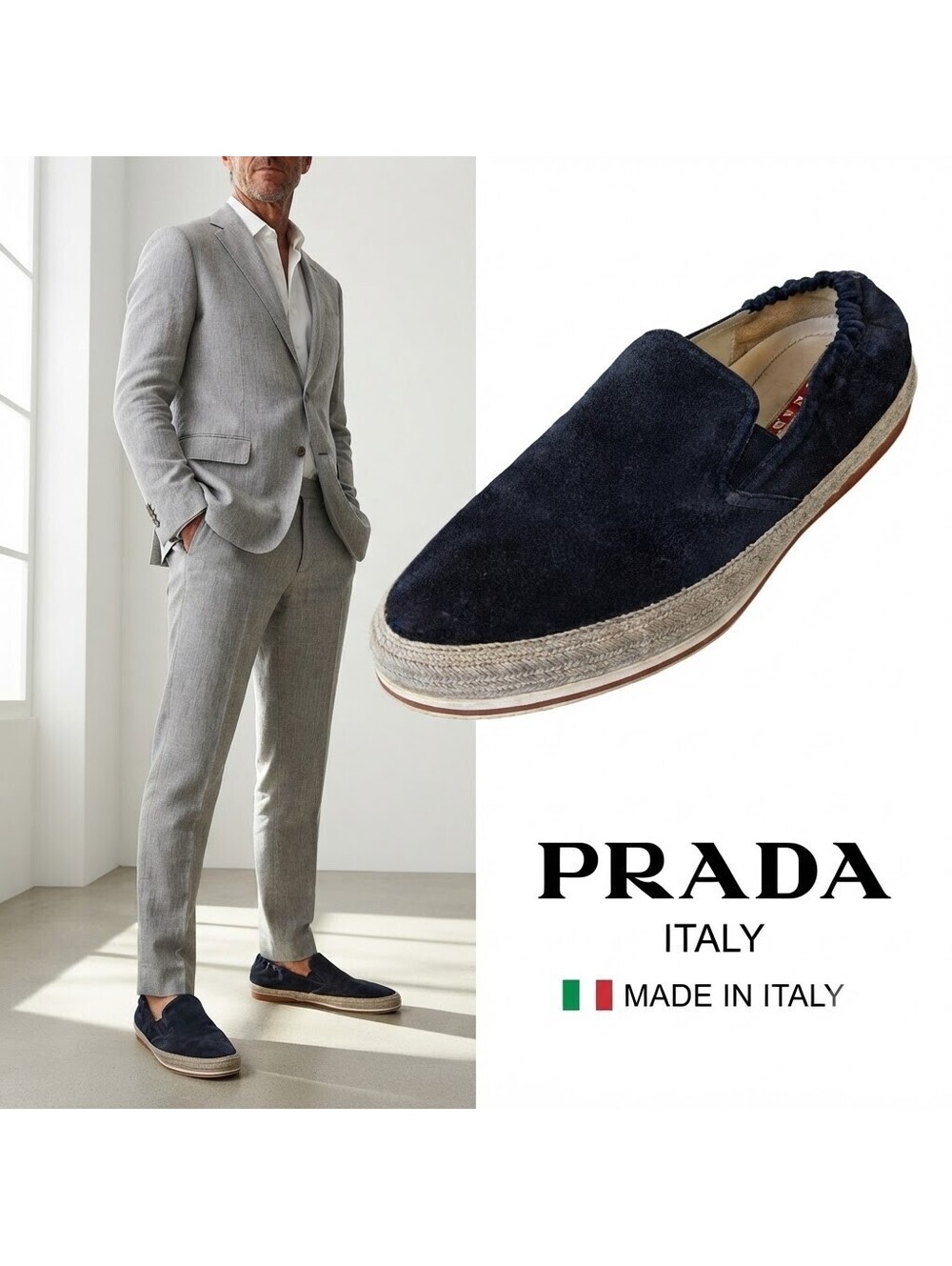 Prada Men Slip-On Shoes Suede Navy Blue US 9.5 Quiet Luxury